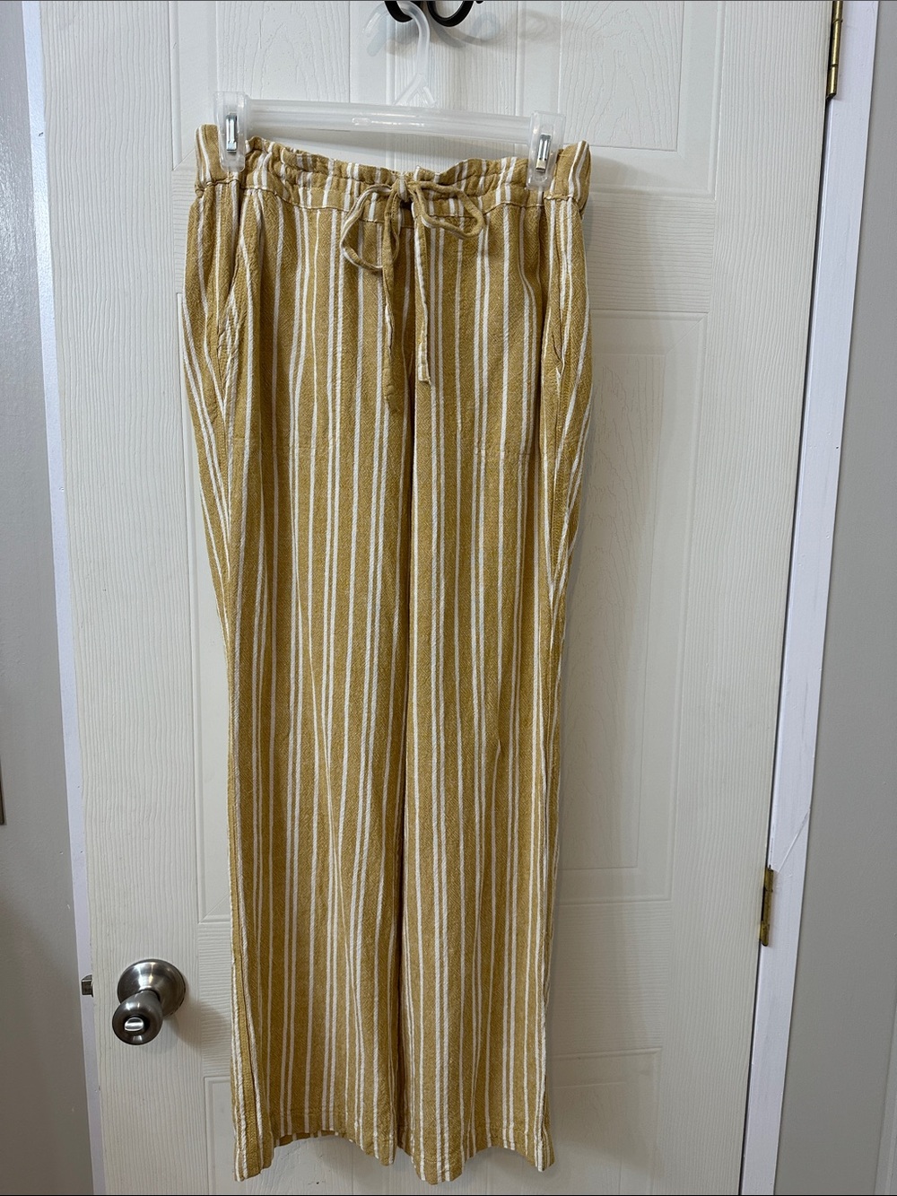 Per Se Linen-Mustard Yellow Stripe Drawstring Wide-Leg Pants with Pockets